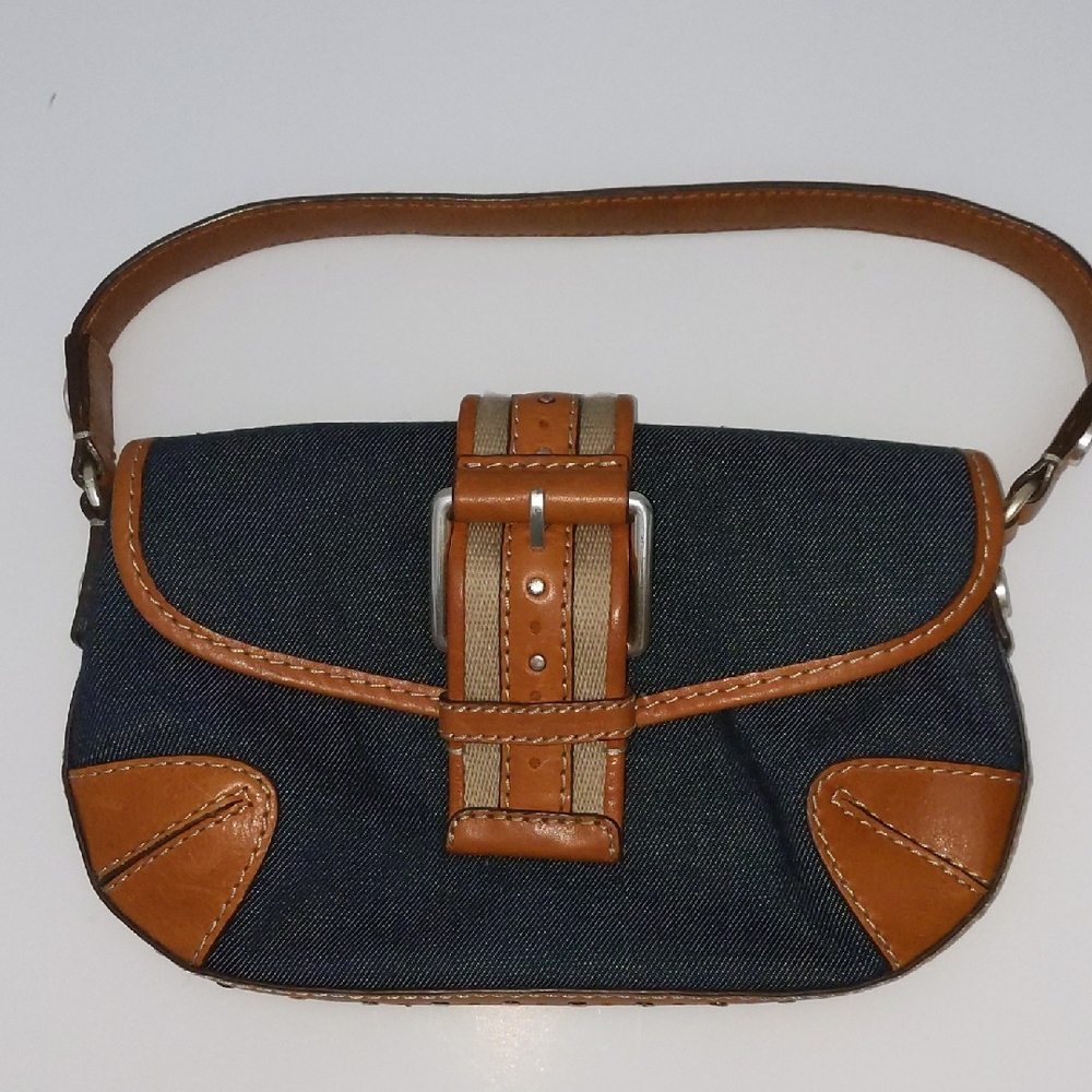 Michael Kors Denim Clutch with Tan Leather Trim